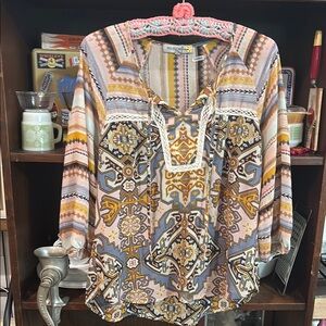 Orange Brown Relaxed Graphic Tunic with Mandarin Collar
